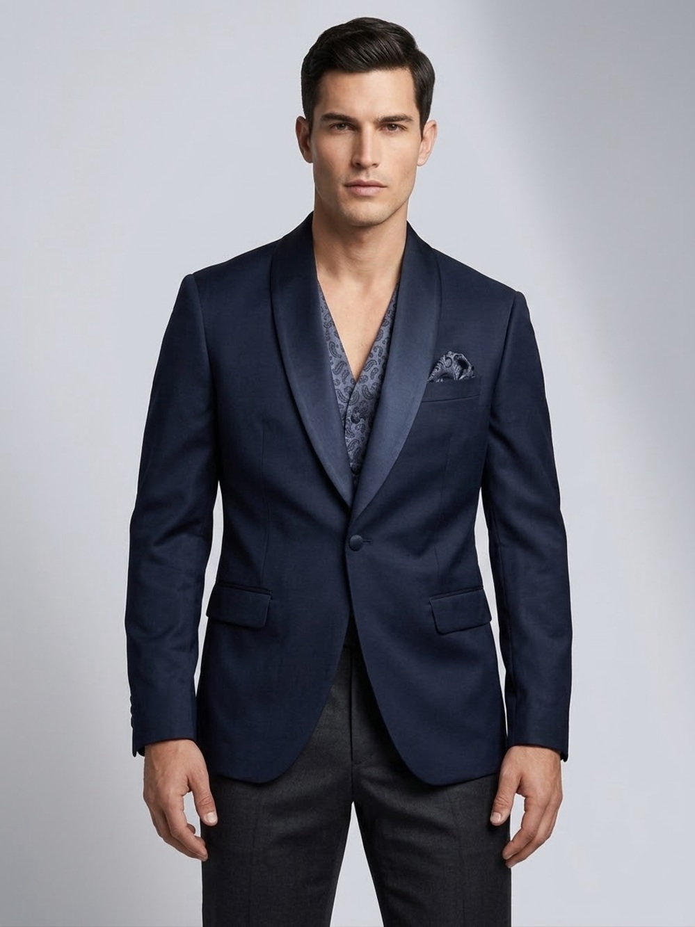 Indochino Black Wool Cashmere Tuxedo Jacket Satin Shawl Lapel Formal Blazer